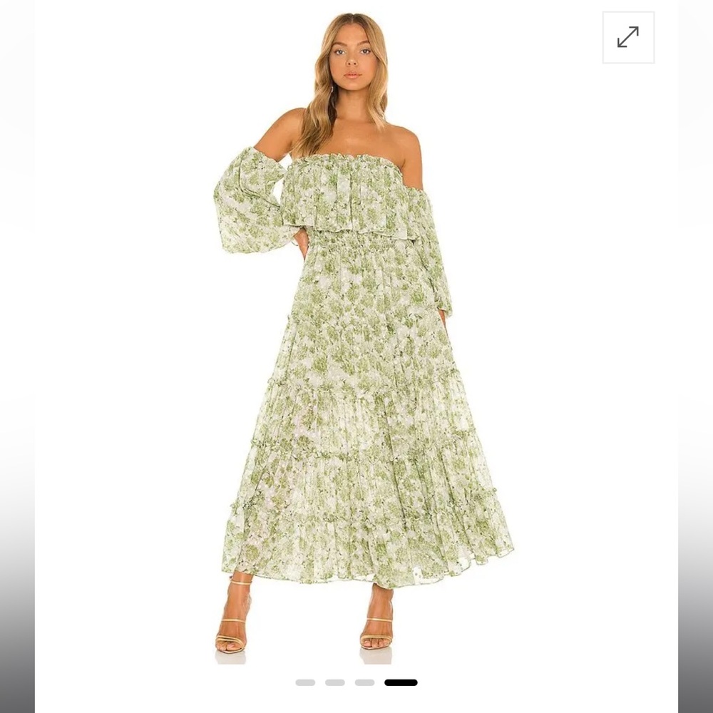Misa Cassandra Green abstract maxi strapless off shoulder dress xl